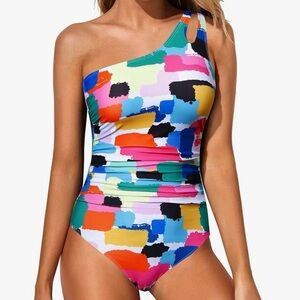 One-Shoulder Multicolor Abstract Print Swimsuit
